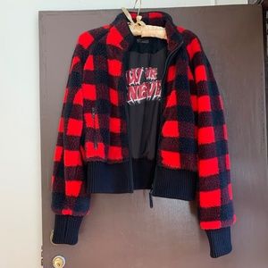 NWOT - MOTHER Denim The Funnel Neck Ribbed Jacket Buffalo Plaid Teatime